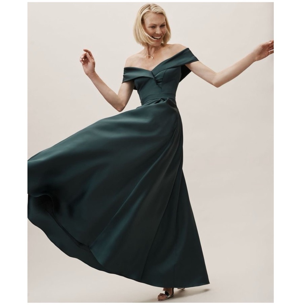 BHLDN Off-Shoulder Forest Green Satin Maxi Dress